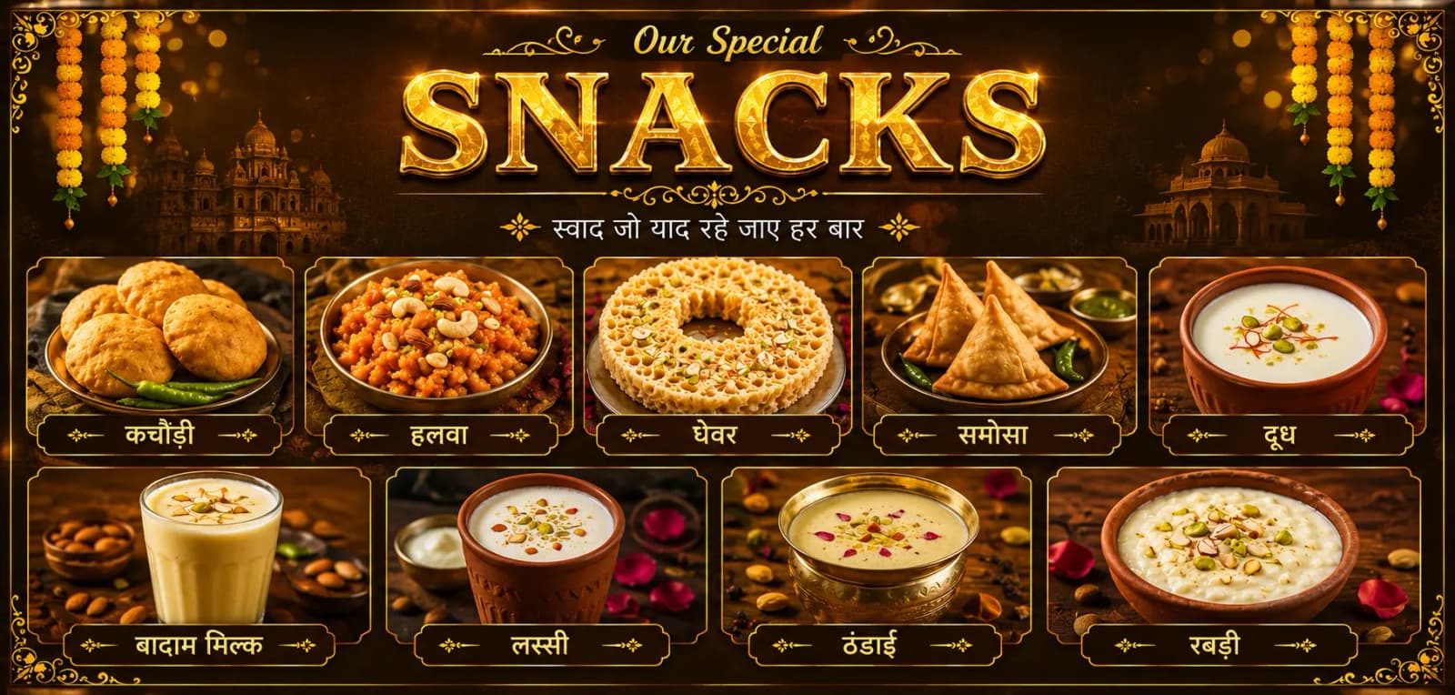 हमारे विशेष स्नैक्स — कचौड़ी, हलवा, घेवर, समोसा, दूध, बादाम मिल्क, लस्सी, ठंडाई, रबड़ी