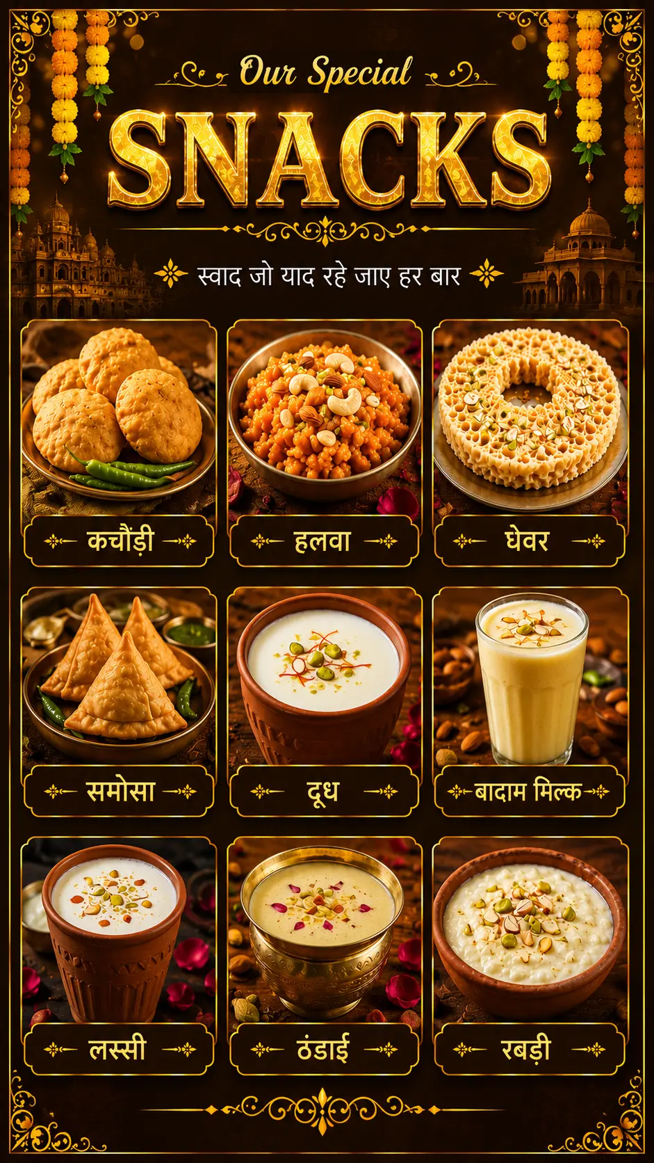 हमारे विशेष स्नैक्स — कचौड़ी, हलवा, घेवर, समोसा, दूध, बादाम मिल्क, लस्सी, ठंडाई, रबड़ी